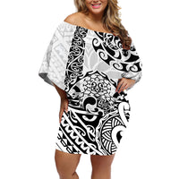 Hawaii Off Shoulder Short Dress with Polynesian Turtle TS04 Women Black White - Polynesian Pride