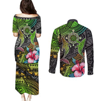 Polynesian Couples Matching Puletasi Dress and Long Sleeve Button Shirts Whales and Compass Gradient Pattern TS04 - Polynesian Pride