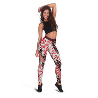Uteute Tahiti Tiare Monstera Leggings Polynesian Pattern Curve Style - Polynesian Pride