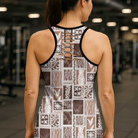 Vintage Aloha Block Quilt Hollow Tank Top Beige Inspired Lei Motifs - Polynesian Pride