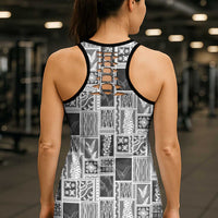 Vintage Aloha Block Quilt Hollow Tank Top Black Inspired Lei Motifs - Polynesian Pride