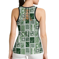 Vintage Aloha Block Quilt Hollow Tank Top Green Inspired Lei Motifs - Polynesian Pride