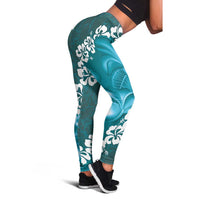 Vintage Dark Cyan Polynesia Leggings Plumeria With Hibiscus Tropical Vibes - Polynesian Pride