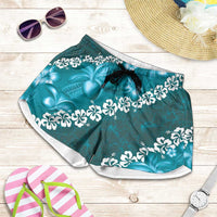 Vintage Dark Cyan Polynesia Shorts for Women Plumeria With Hibiscus Tropical Vibes - Polynesian Pride