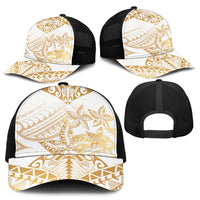 White and Gold Polynesia Mesh Trucker Cap Plumeria Tattoo With Polynesian Pattern - Polynesian Pride