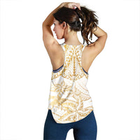 White and Gold Polynesia Women Racerback Tank Plumeria Tattoo With Polynesian Pattern - Polynesian Pride