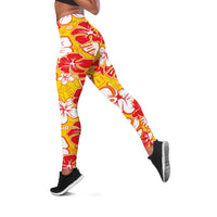 Yellow Hawaii Hibiscus Leggings Tropical Flowers Seamless Pattern - Polynesian Pride