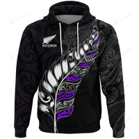 New Zealand Aotearoa Hoodie, Maori Silver Fern Hei Tiki Kiwi Purple Unisex Black - Polynesian Pride