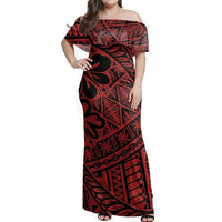 Tonga Kupesi Ngatu Off Shoulder Long Dress Women Red - Polynesian Pride