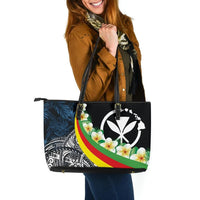 Polynesian Hawaii Large Leather Tote Bag - Kanaka Maoli With Plumeria Style Black - Polynesian Pride