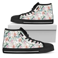 Hawaiian Shoes - Tropical Pattern With Orchids, Leaves And Gold Chains. High Top Shoes Womens High Top Black - Polynesian Pride