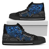 Tonga Polynesian High Top Shoes - Blue Turtle Flowing Unisex Black - Polynesian Pride