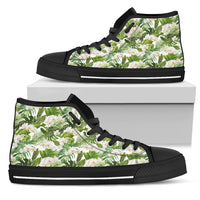 Hawaiian Shoes - Tropical Plumeria White High Top Shoes Womens High Top Black - Polynesian Pride