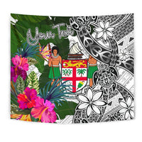 Fiji Custom Personalised Tapestry White - Turtle Plumeria Banana Leaf Crest Wall Tapestry White - Polynesian Pride
