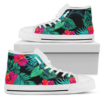 Hawaii Black Hibiscus Palm High Top Shoe Mens High Top White - Polynesian Pride