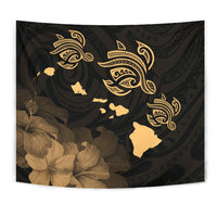 Hawaii Turtle Hibiscus Map Polynesian Blur Tapestry Wall Tapestry Black - Polynesian Pride