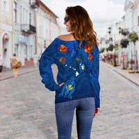Hawaiian Islands Off Shoulder Sweater - Hawaii Tropical Flowers and Turtles Blue LT13 - Polynesian Pride