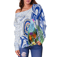 (Custom Personalised) Northern Mariana Islands Off Shoulder Sweater Mariana Fruit Dove Mix Frangipani Flowers White LT13 - Polynesian Pride