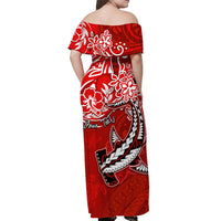 (Custom Personalised) Hawaii Off Shoulder Long Dress Polynesia Red Sea Turtle Honu and Hammerhead Shark LT13 - Polynesian Pride