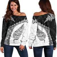 Paua Shell Maori Silver Fern Off Shoulder Sweater White - Polynesian Pride