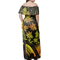 Polynesian Pride Dress - Hawaiian Map Palm Trees Fish Hook Polynesian Colorful Yellow Off Shoulder Long Dress - Polynesian Pride