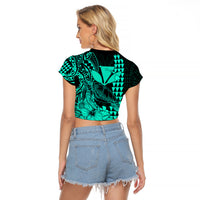 Kakau Polynesian Tribal Hawaiian Turtle with Kanaka Maoli Turquoise Raglan Cropped T Shirt LT9 - Polynesian Pride