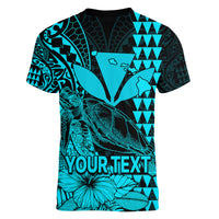 (Custom Personalised) Kakau Polynesian Tribal Hawaiian Turtle with Kanaka Maoli Teal Women V Neck T Shirt LT9 - Polynesian Pride