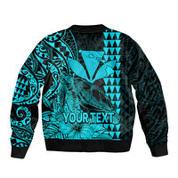 (Custom Personalised) Kakau Polynesian Tribal Hawaiian Turtle with Kanaka Maoli Teal Sleeve Zip Bomber Jacket LT9 - Polynesian Pride