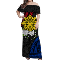 Philippines Sampaguita Filipino Sun Women Off Shoulder Dress - LT12 Long Dress Black - Polynesian Pride