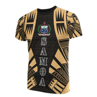 Samoa T Shirt Samoan Coat of Arms Polynesian Tattoo Gold Style Unisex Black-Gold - Polynesian Pride