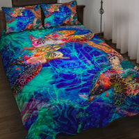 Tahiti Polynesian Quilt Bed Set - Tahiti Flag Turtle Coral Treasure BLUE - Polynesian Pride
