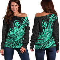 Hawaii Humpback Whale With Hibiscus Tribal Turquoise Women Off Shoulder Sweater - LT12 Women Blue - Polynesian Pride