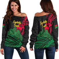 Vanuatu Espiritu Santo Women Off Shoulder Sweater - Kava With Hibiscus - LT12 Black - Polynesian Pride