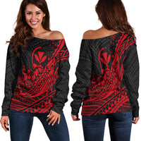 Hawaii Humpback Whale With Hibiscus Tribal Red Women Off Shoulder Sweater - LT12 Red - Polynesian Pride