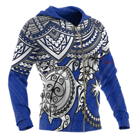 Chuuk Polynesian Hoodie (Zip up) White Turtle (Blue) - Polynesian Pride