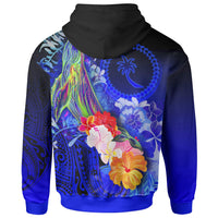 Custom Chuuk Zip up Hoodie Humpback Whale with Tropical Flowers (Blue) - Polynesian Pride