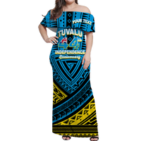 (Custom Personalised) Tuvalu Off Shoulder Long Dress 44th Independence Anniversary - Tribal Pattern - LT12 Long Dress Blue - Polynesian Pride