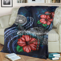 American Samoa Polynesian Premium Blanket - Blue Turtle Hibiscus - Polynesian Pride