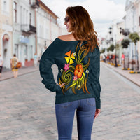 Wallis and Futuna Polynesian Women's Off Shoulder Sweater - Legend of Wallis and Futuna (Blue) - Polynesian Pride