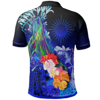 Marshall Islands Custom Polo Shirt Humpback Whale with Tropical Flowers (Blue) - Polynesian Pride