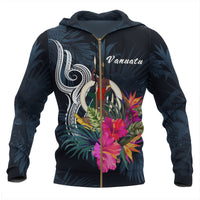 Vanuatu Polynesian Zip up Hoodie Tropical Flower Unisex Blue - Polynesian Pride