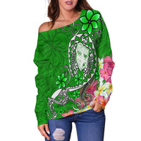 Fiji Women's Off Shoulder Sweater - Turtle Plumeria (Green) - Polynesian Pride