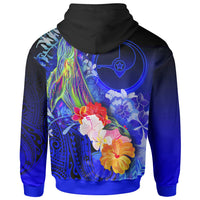 Yap Hoodie Humpback Whale with Tropical Flowers (Blue) - Polynesian Pride