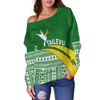 Tailevu Rugby Off Shoulder Sweater Fiji Rugby Tapa Pattern Green LT13 - Polynesian Pride