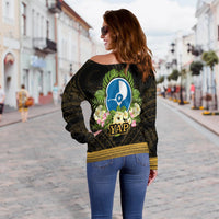 Yap State Women's Off Shoulder Sweater - Polynesian Gold Patterns Collection - Polynesian Pride
