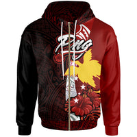 Papua New Guinea Polynesian Zip up Hoodie Bird of Paradise With Hibiscus Unisex Red - Polynesian Pride