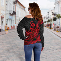 Hawaii Humpback Whale With Hibiscus Tribal Red Women Off Shoulder Sweater - LT12 - Polynesian Pride