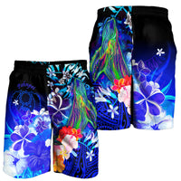 Pohnpei Men's Shorts - Humpback Whale with Tropical Flowers (Blue) - Polynesian Pride