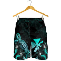 Wallis and Futuna Polynesian Men's Shorts - Turtle With Blooming Hibiscus Turquoise - Polynesian Pride