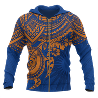 Marshall Islands Polynesian Zip up Hoodie Blue Turtle Unisex Blue - Polynesian Pride